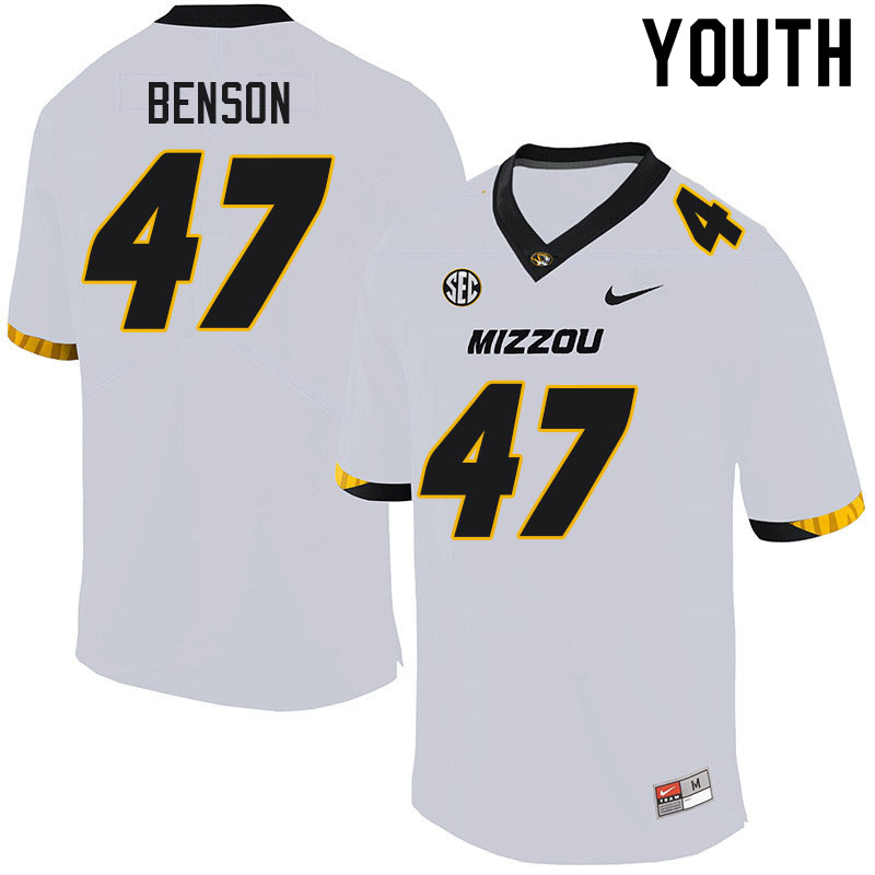 Youth #47 Stephen Benson Missouri Tigers College Football Jerseys Sale-White - Click Image to Close